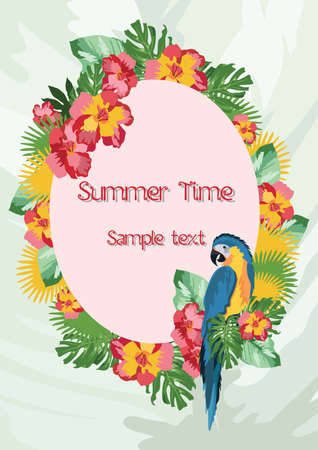 Exotic tropical Summer card with parrot birds and flowers. Vector background illustrationのイラスト素材