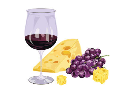 Glasses of wine with grapes and piece of cheese. Food background Vectorのイラスト素材