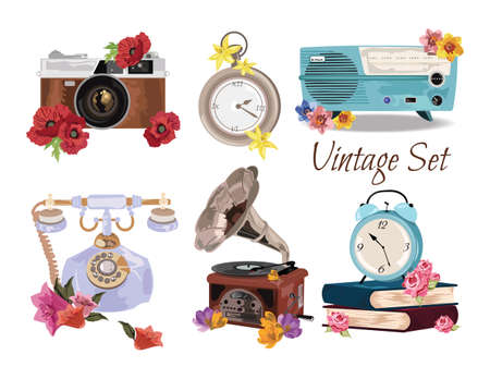 Antique Vintage Accessories set collection Vector. A collection or big set of hand drawn vintage styled elementsのイラスト素材