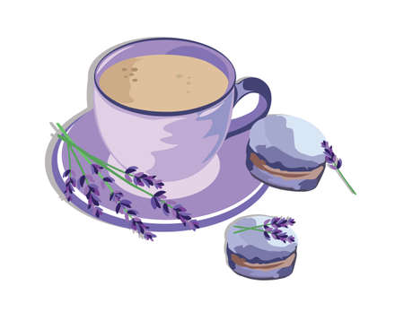 Coffee or Tea cup with lavender Macaroons. Vintage Delicious Vector Illustrationのイラスト素材