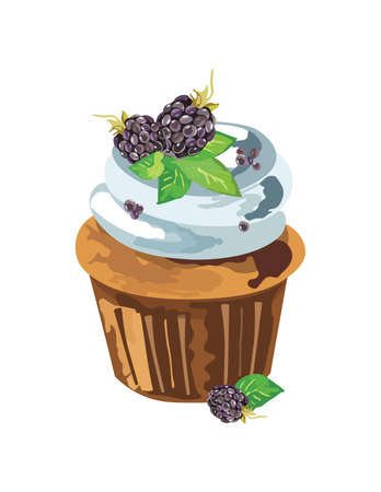 Cupcake with blackberry whipped cream. Vector illustrationのイラスト素材