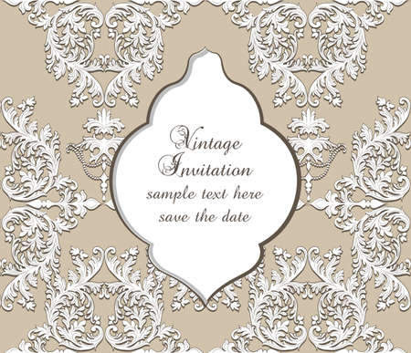 Vintage Damask Baroque Invitation Card with ornamented floral pattern. Retro Antique style Acanthus foliage. Decorative Luxury cutout posterのイラスト素材