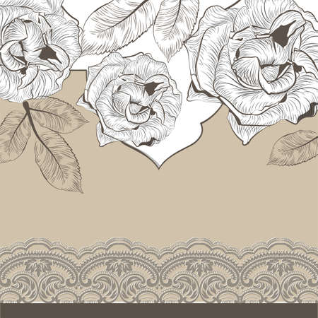Vintage Roses and lace Invitation card. engraved Garden flowers on crochet background. Festive cutout Postcard for weddings, ceremony, events.  engraved techniqueのイラスト素材