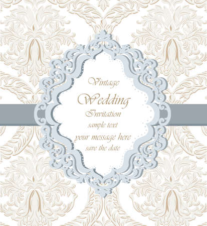 Damask Lace Invitation card with floral ornament. Delicate intricate decorated card for wedding ceremonies, anniversary, events. Pastel trendy colorsのイラスト素材