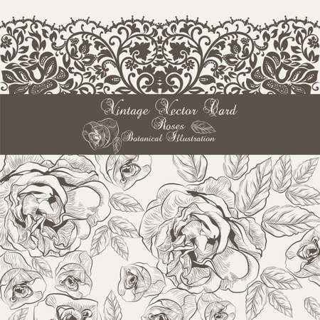 Vintage Floral and lace Invitation card. Black and white Garden Roses. Festive Postcard for weddings, ceremony, events.  engraved techniqueのイラスト素材