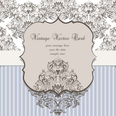 Vintage Card Damask Baroque ornament . Festive Poster for weddings, ceremony, events.  engraved technique. Retro Antique style foliage. Decorative filigree texture. Blue serenity colorのイラスト素材