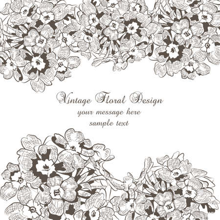 Autumn Vintage flowers card. Festive Postcard for weddings, ceremony, events. Hand drawn engraved techniqueのイラスト素材