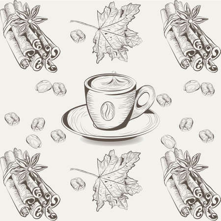 Coffee cup, Anise and cinnamon Vintage Engraved illustration.  Autumn season flavorのイラスト素材