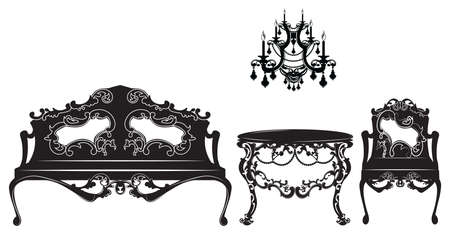 Vintage Baroque sofa and armchairs set. French Luxury rich carved ornaments decorated furniture. Vector Victorian Royal Style structureのイラスト素材