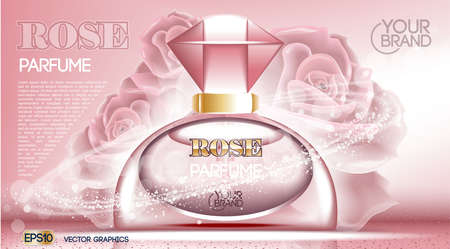 Perfume bottle Cosmetic ads template, droplet bottle mock up isolated on dazzling roses background. Place for brand text. Glamorous fragrance sparkling effects. Vector illustrationのイラスト素材