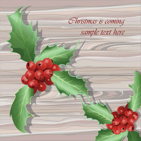 Winter berries of viburnum on wood background. Vector Christmas Holidays backgroundのイラスト素材