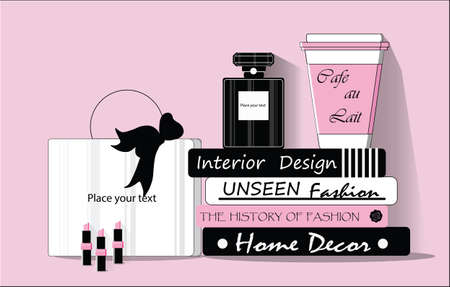 Shopping bag, coffee, perfume and magazines Vector. Seasonal Sale advert bannerのイラスト素材