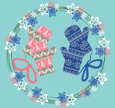 Winter ornamented gloves in a floral wreath. Vector Christmas greeting card. Vintage Pastel blue and pink colorsのイラスト素材