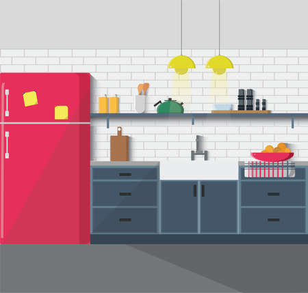 Kitchen with furniture. Cozy kitchen interior with table, sink, cupboard, dishes and fridge. Flat style vector illustrationのイラスト素材