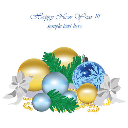 Christmas decoration isolated on white. Golden baubles and red bows. Xmas card Happy New Year celebration. Holiday design Vector illustrationのイラスト素材