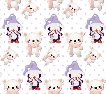 Cute Penguins and Polar bear pattern on dotted background Vector illustration. Winter retro style concept. New Year decoration. Christmas Holidays texture for textile, fabric, gifts, cards etcのイラスト素材