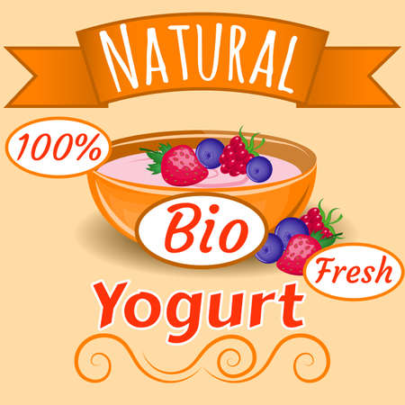 Natural bio fruits Yogurt Vector. Packaging Design Template. Berries pot pack. Fresh label illustrationのイラスト素材