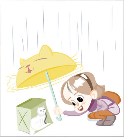 Little Happy Girl under an umbrella Vector illustration. Funny cartoon character standing in a puddle under a dripping of rain. Autumn Fall season preschool girlのイラスト素材