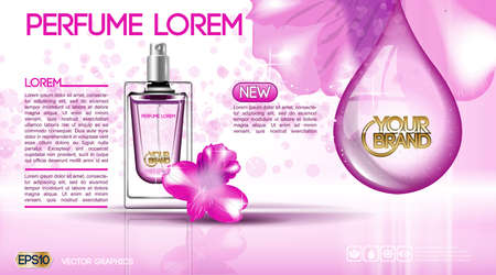 Perfume bottle Cosmetic ads template, droplet bottle mock up isolated on dazzling orchid background. Place for brand text. Glamorous fragrance sparkling effects. Vector illustrationのイラスト素材
