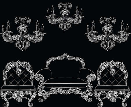 Baroque luxury style furniture set collection. Upholstery with luxurious rich ornaments. French Luxury rich carved ornaments decoration. Vector Victorian exquisite Style furnitureのイラスト素材
