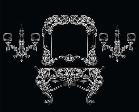 Vector Baroque Dressing Table and mirror frame furniture. French Luxury rich carved ornaments. Victorian Royal Style decorated set on black backgroundのイラスト素材