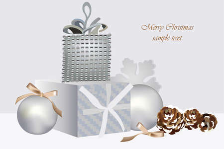 Vector New Year or Christmas greeting card decor composition with baubles and gift box. White background. Place for text. Silver colorsのイラスト素材