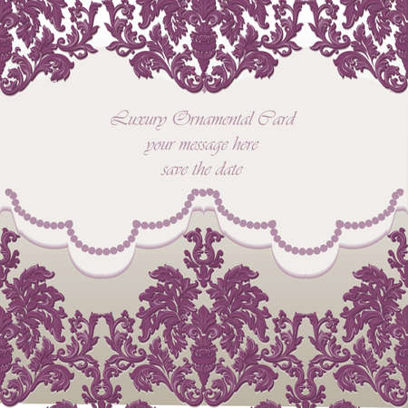 Vintage Baroque damask Invitation card Imperial style. Vector decor background. Luxury Classic ornament. Royal Victorian texture for wallpapers, textile, fabric. Purple colorのイラスト素材