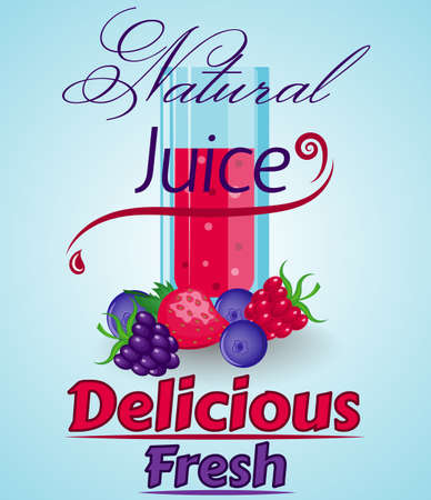 Natural Strawberry, Raspberry and blueberry Juice. Hand drawn vector illustration. Organic food multivitamin bannerのイラスト素材