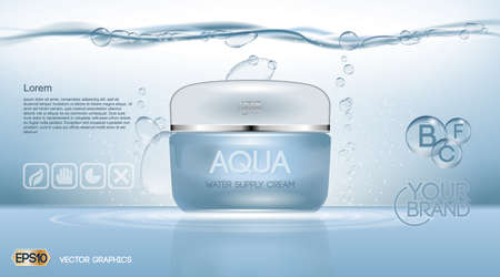 Aqua Cream Moisturizing cosmetic ads template. Hydrating facial lotion. Mockup 3D Realistic illustration. Sparkling water drops over blue backgroundのイラスト素材