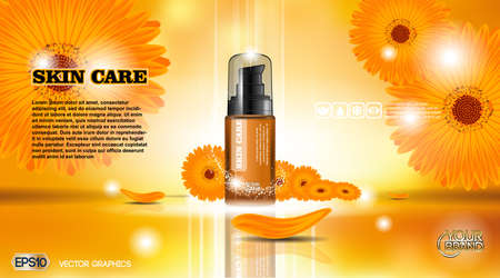 Moisturizing Lotion cosmetic ads template. Hydrating Skin Protection. Mockup 3D Realistic illustration. Flowers Sparkling backgroundのイラスト素材