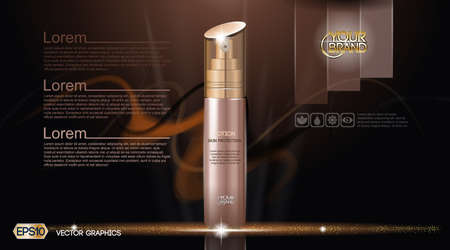 Moisturizing Lotion cosmetic ads template. Hydrating Skin Protection. Mockup 3D Realistic illustration. Sparkling dark backgroundのイラスト素材
