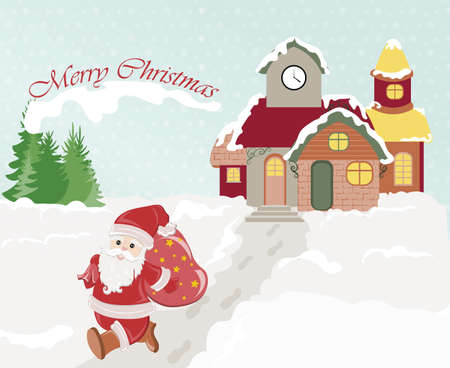 Merry Christmas Santa with gifts bag. Small vilage snow scene. Christmas snow scene. Vector illustrationのイラスト素材