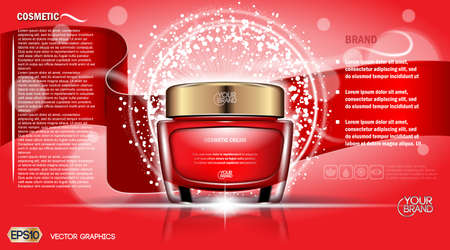 Moisturizing Cream cosmetic ads template. Hydrating face lotion. Mockup 3D Realistic illustration. Sparkling background red colorsのイラスト素材