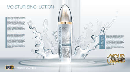 Aqua Moisturizing Lotion cosmetic ads template. Refreshing skin toner. Mockup 3D Realistic illustration. Splash water drops over blue backgroundのイラスト素材