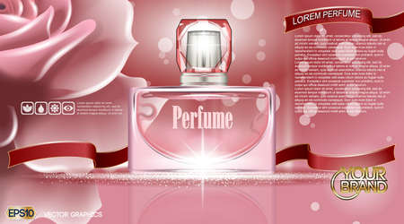 Perfume bottle Cosmetic ads template, droplet bottle mock up isolated on dazzling roses background. Place for brand text. Glamorous fragrance sparkling effects. Vector illustrationのイラスト素材