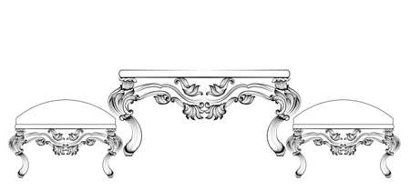 Baroque luxury style furniture table and chairs set collection. Upholstery with luxurious rich ornaments. French carved decoration. Vector Victorian exquisiteのイラスト素材