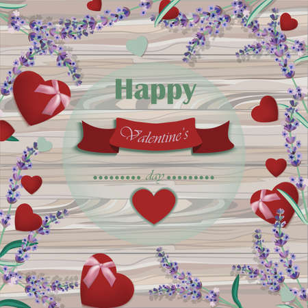 Happy Valentines Day with lavender and red hearts on wooden background. Vector aromatic card Vintage style. Making gifts of paper  textiles. illustration bundle.のイラスト素材