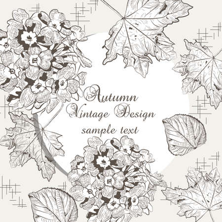 Autumn background with fruits and leaves. Vector fall season card. Old engraved illustration. Hand drawn ink techniqueのイラスト素材
