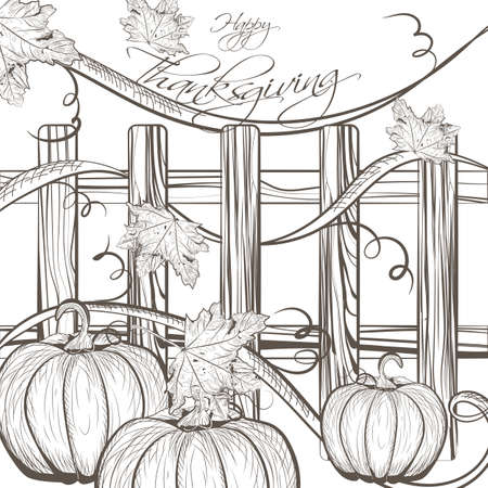 Vintage Happy Thanksgiving Card. Vector Pumpkin decor on wood. Retro Hand drawn engraved techniqueのイラスト素材