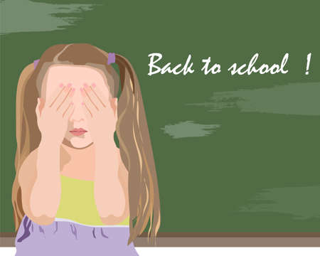 Little girl being unhappy back to school. Vector illustrationのイラスト素材