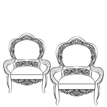 Exquisite Fabulous Imperial Baroque chair. Vector French Luxury rich intricate ornamented structure. Victorian Royal Style decorのイラスト素材
