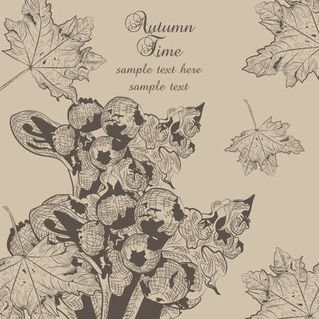 Autumn background with fruits and leaves. Vector fall season card. Old engraved illustration. Hand drawn ink techniqueのイラスト素材