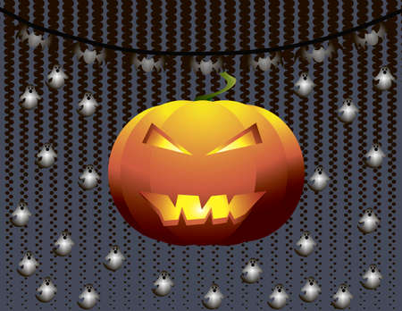 Pumpkin on lightened ghosts silhouette background. Halloween spooky card. Vectorのイラスト素材
