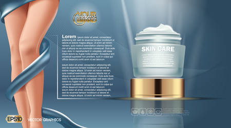 Skin care beauty Body Foundation. Moisturizing Lotion cosmetic ads template. Mockup 3D Realistic Woman silhouette illustration. Blue colorsのイラスト素材