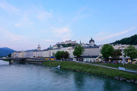 Sunset view from Salzach River in Salzburg, Austria.  Famous    Heritage Festung Hohensalzburg, Salzburger Land, Austria, Europe on 18.05.2016のeditorial素材