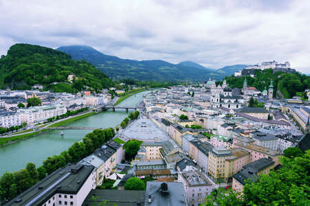 Salzach River in Salzburg, Austria. Famous place Unesco Heritage Festung Hohensalzburg, Salzburger Land, Austria, Europeのeditorial素材