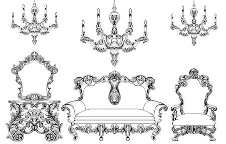 Exquisite Fabulous Imperial Baroque furniture and chandelier set engraved. Vector French Luxury rich intricate ornamented structure. Victorian Royal Style decorのイラスト素材