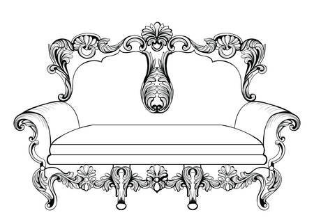 Exquisite Fabulous Imperial Baroque couch engraved. Vector French Luxury rich intricate ornamented structure. Victorian Royal Style decorのイラスト素材