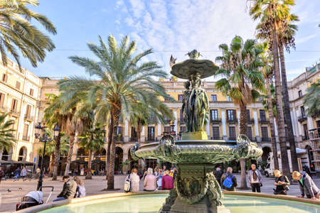 SPAIN November 10 - Classical Fountain of the Three Graces at Placa Reial in city of Barcelona in Catalonia beautyのeditorial素材