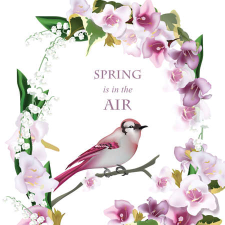 Spring bird on blossom cherry tree branch Vector illustrationのイラスト素材